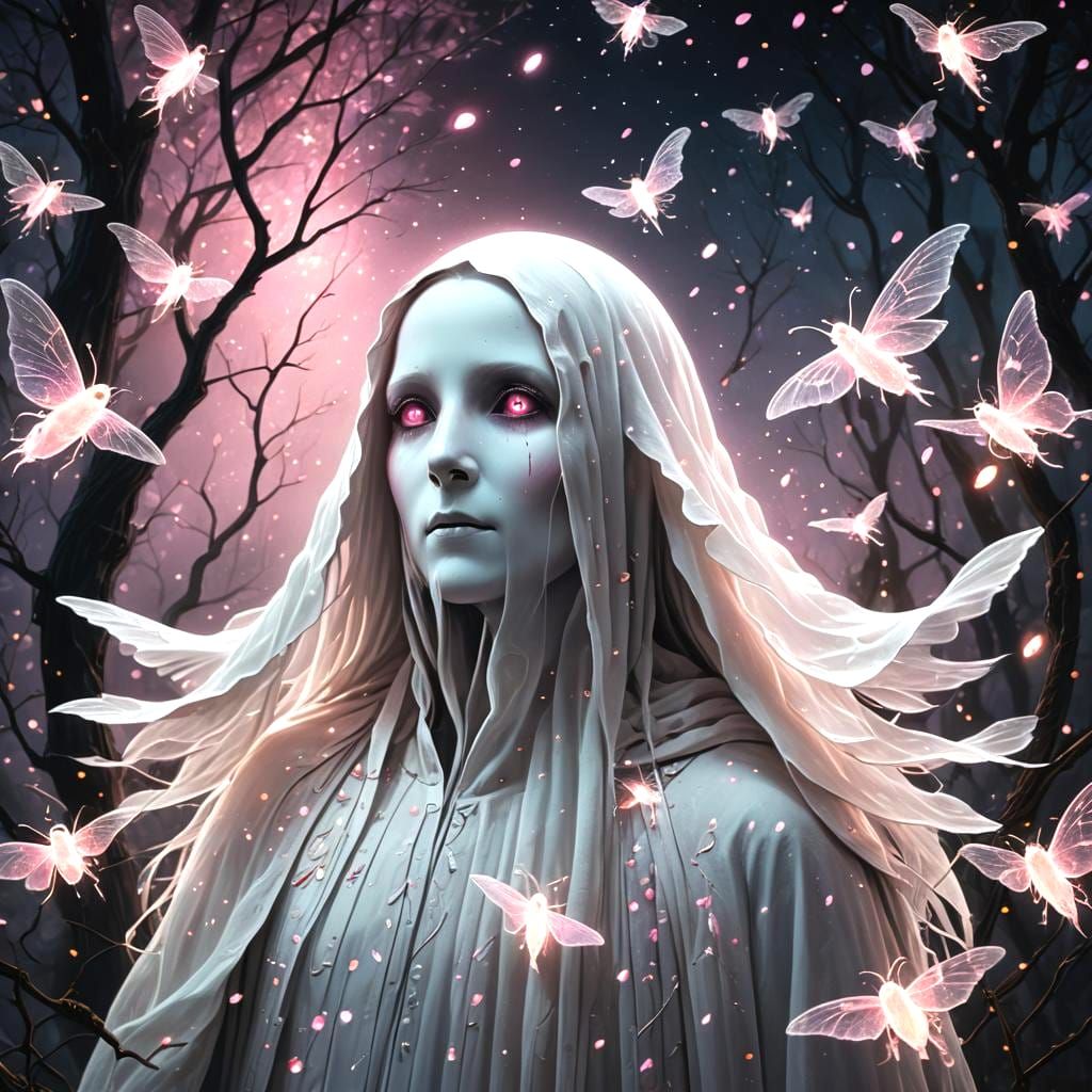Ethereal Pink-Eyed Ghost in a Dark Landscape