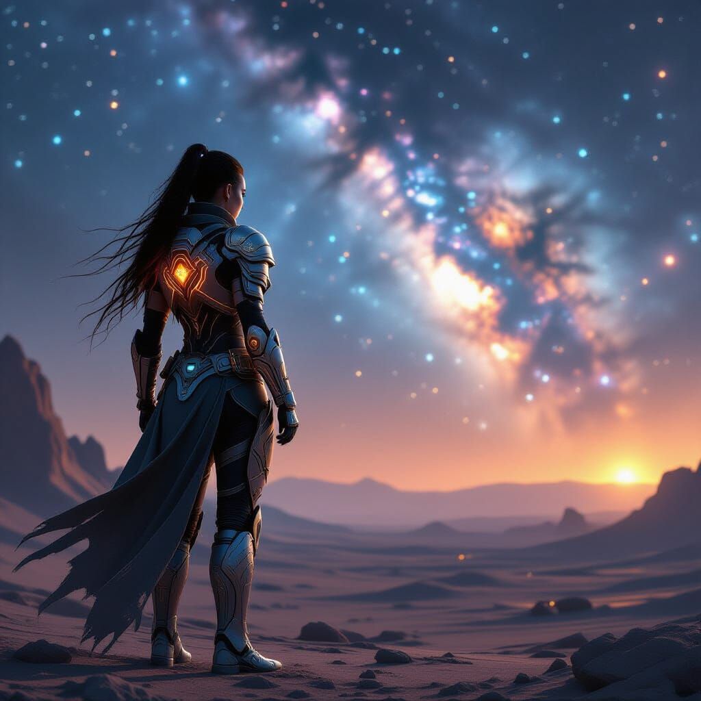 Cybernetic Warrior Gazes at Alien Nebula