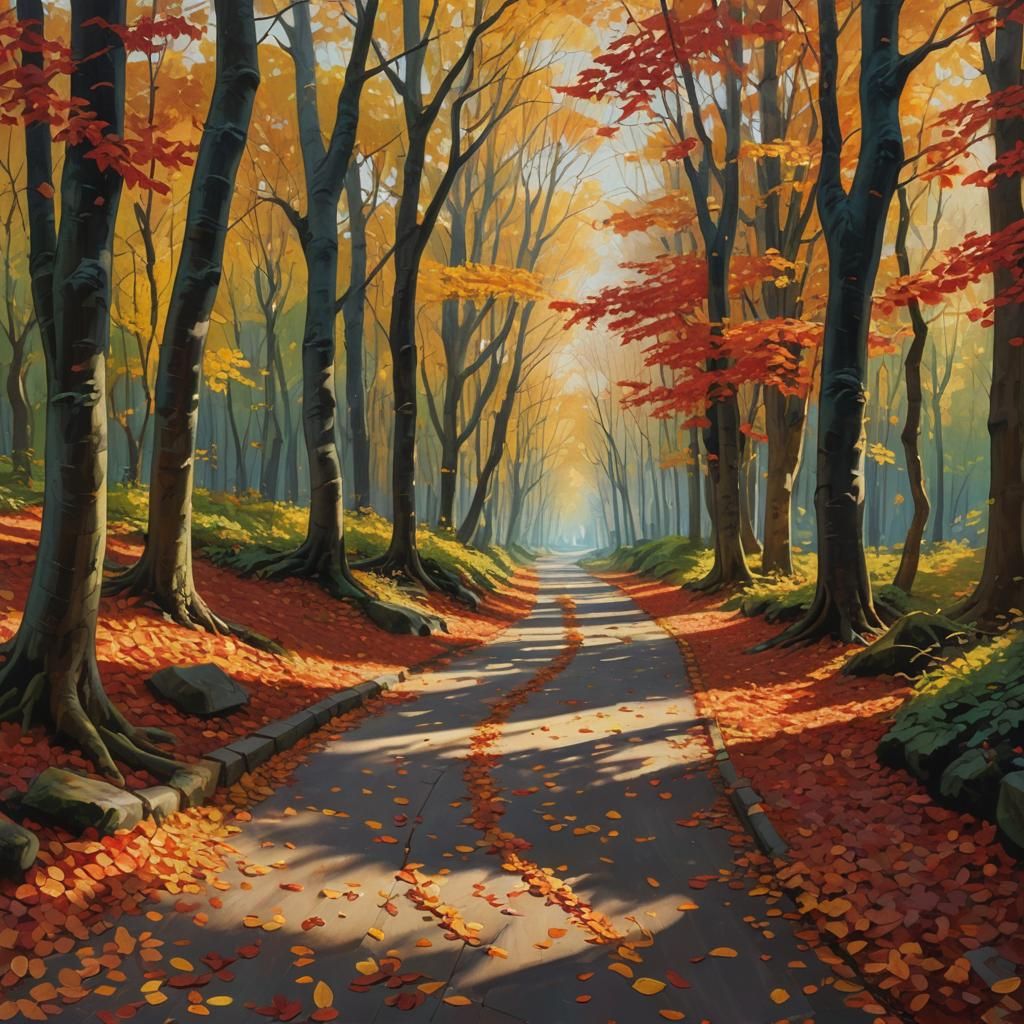 Autumn Path Through Forest in Impressionist Style