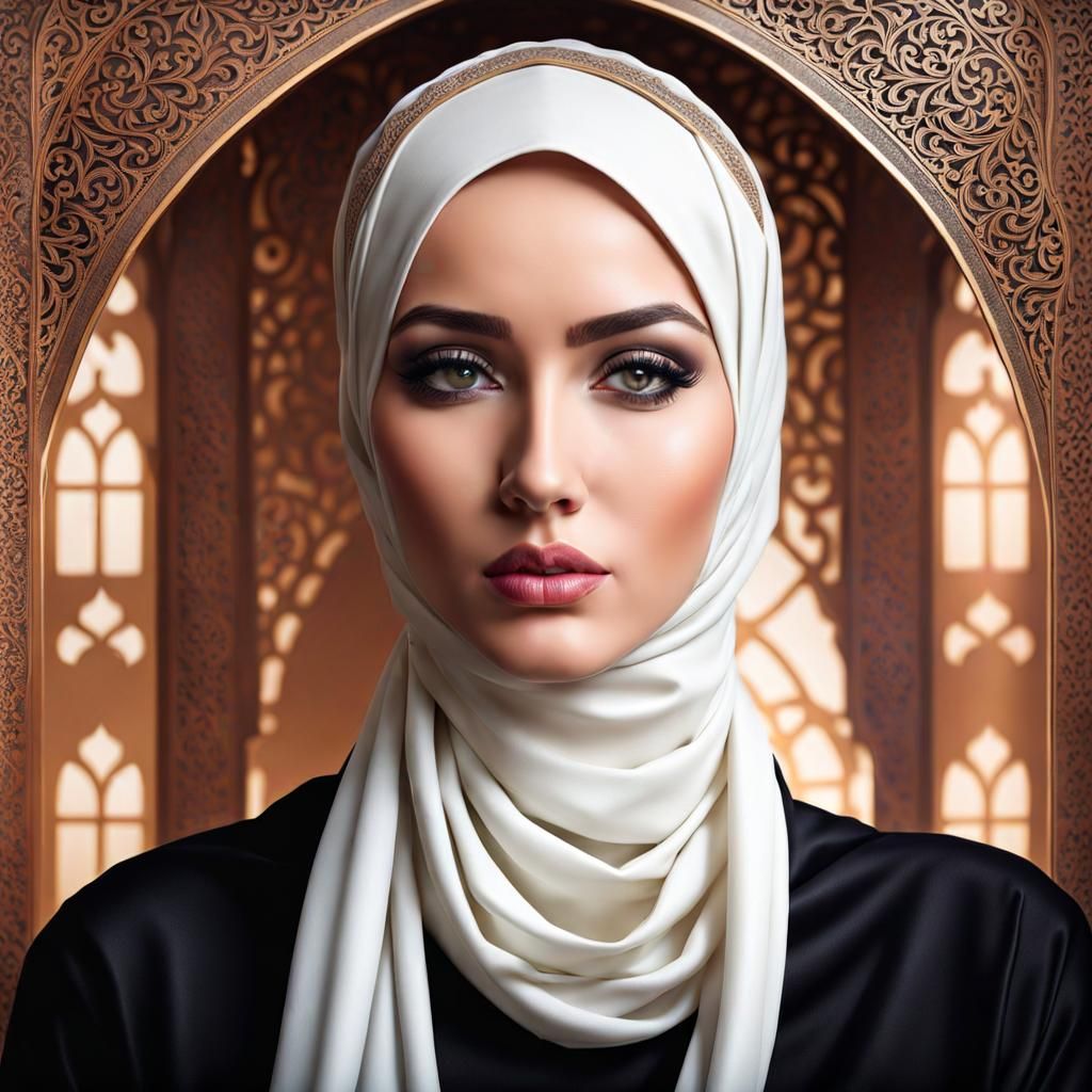 Surreal Hijabi Woman Stares with Intense Beauty
