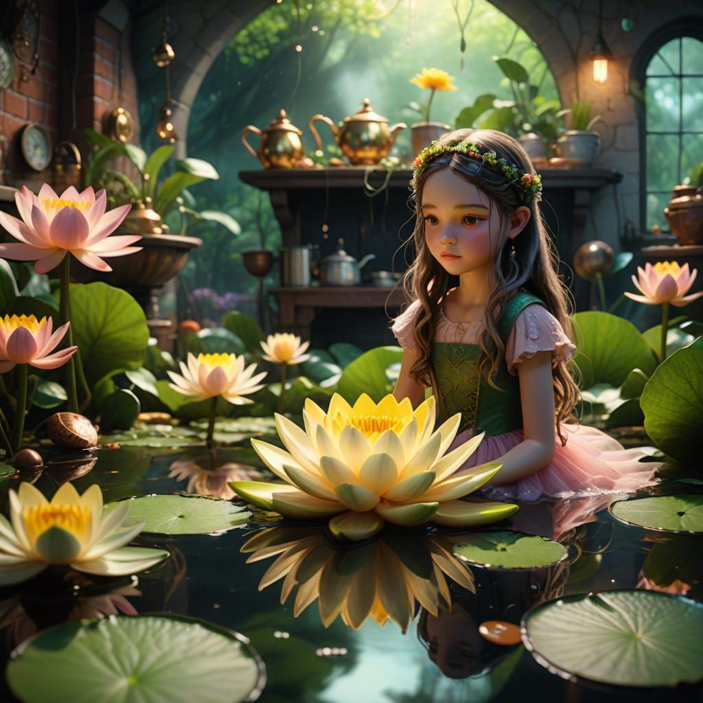 Surreal Water Lily Scene in a Cozy Kitchen Wonderland