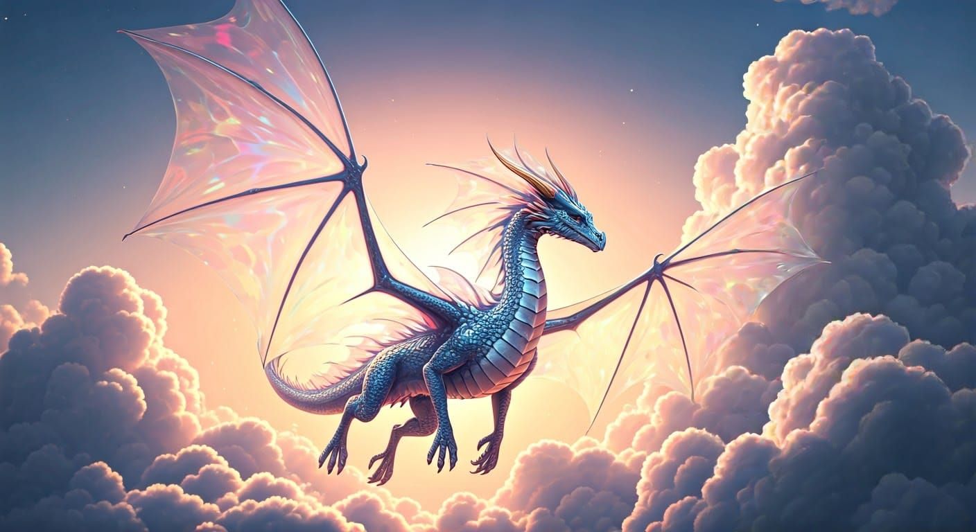 Ethereal Rainbow Dragon Soaring Among Clouds