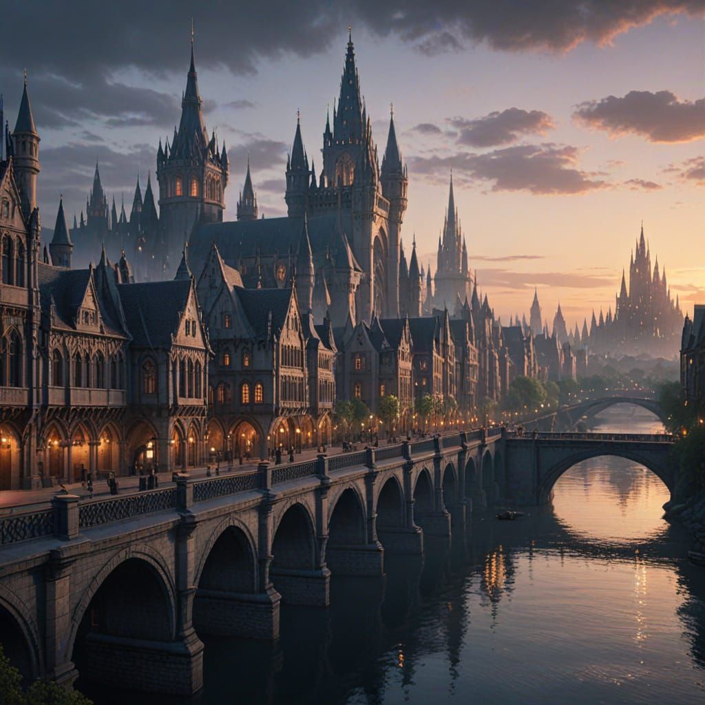 Fantasy Cityscape at Dusk in Detailed Concept Art Style