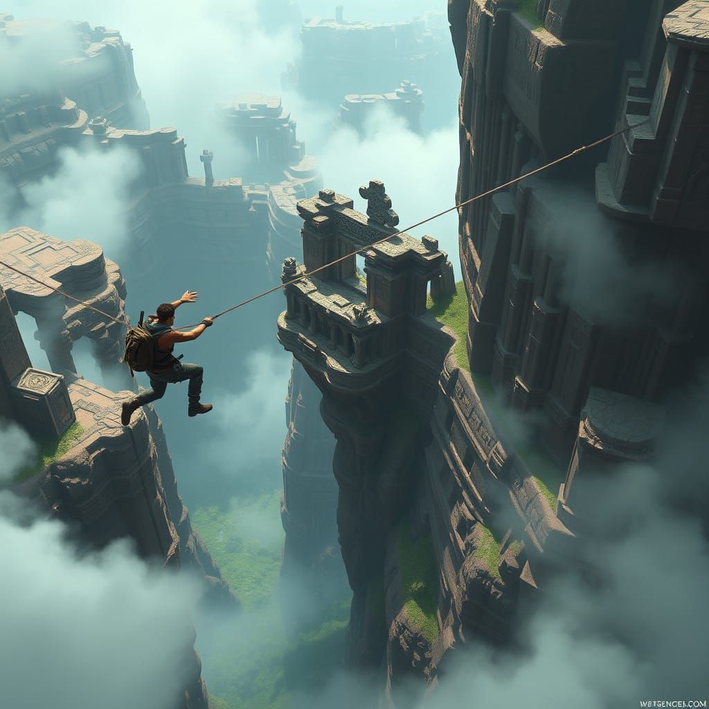 Adventurer's Perilous Canyon Crossing: Digital Art