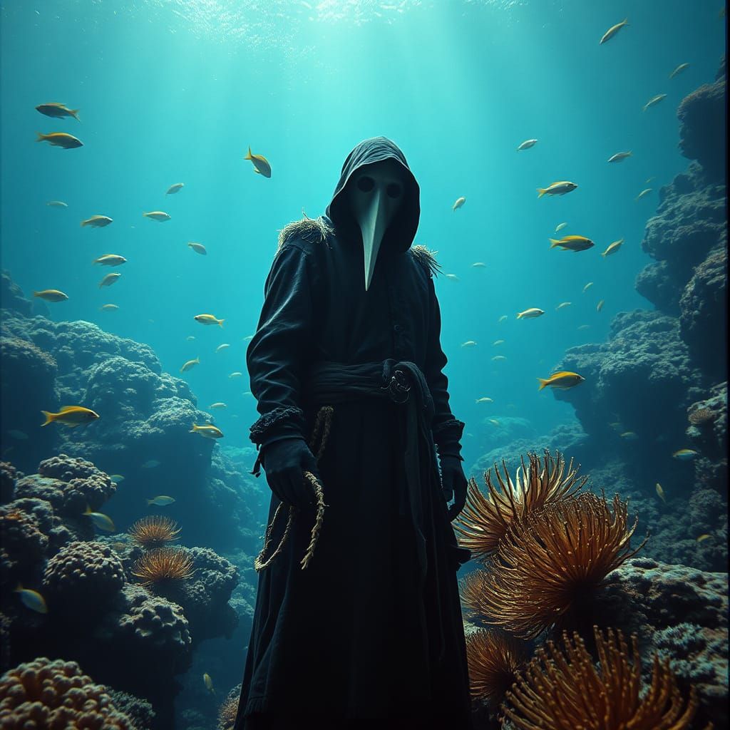 Plague Doctor in Coral Reef: Cinematic Underwater Scene
