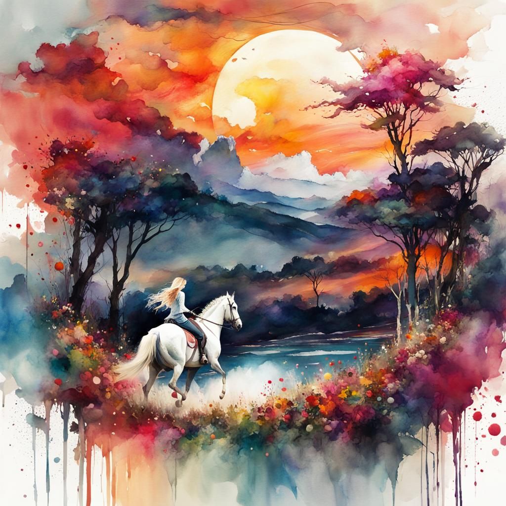 Summerscape Sunset with Blood Moon in Watercolor Art