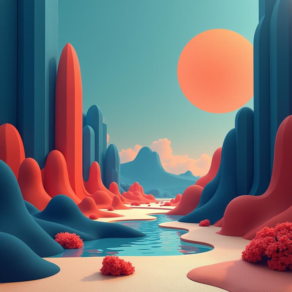 Futuristic Geometric Landscape in Mid-Century Style
