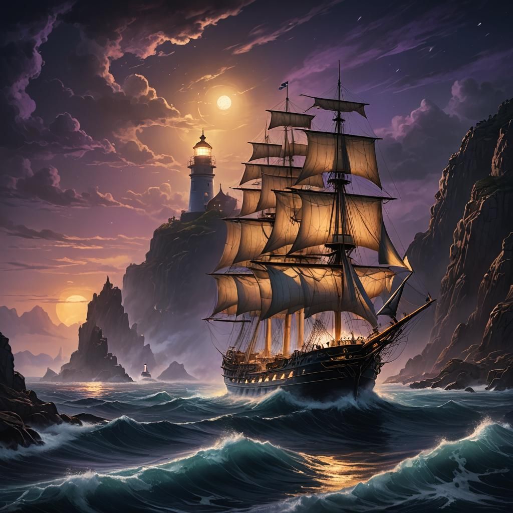 Sailing Ship Guided by Lighthouse in Dark Fantasy Art