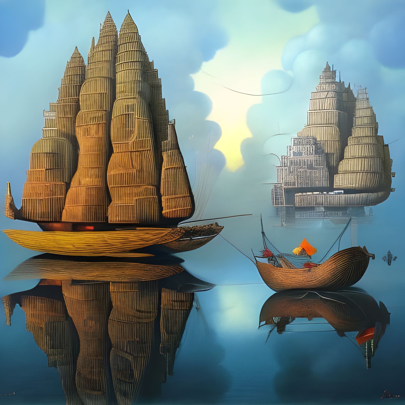 Vietnamese Junk Sails on Glassy Water