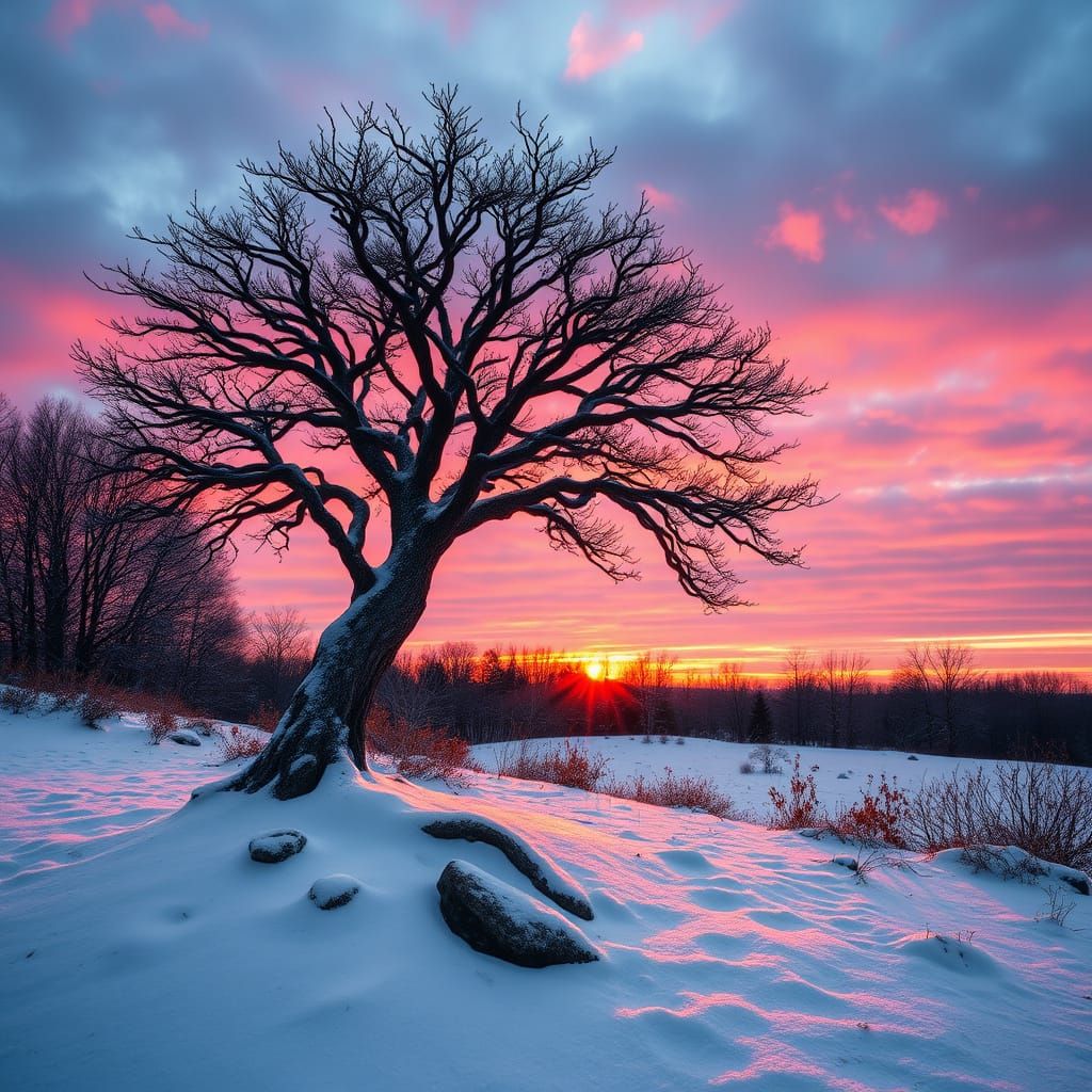 Winter Sunset Pebble Art Tree
