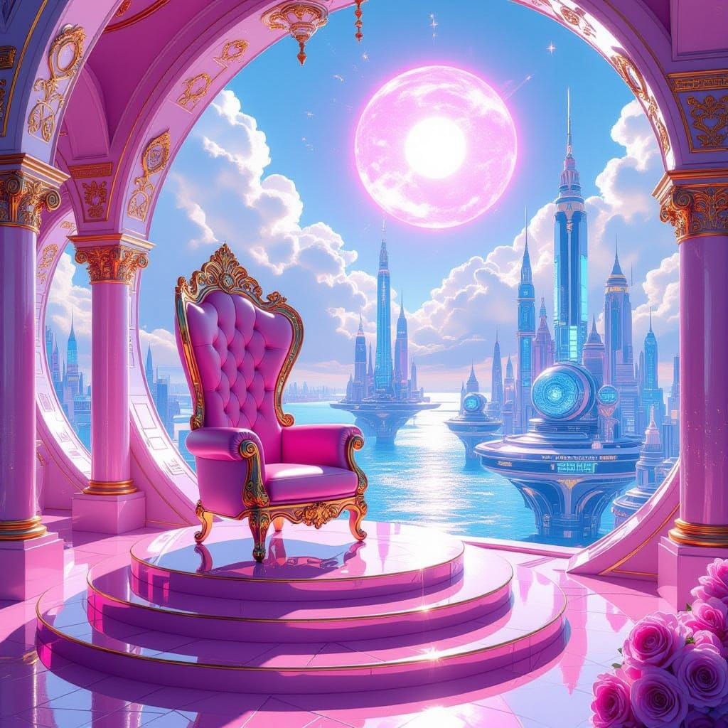 Pink and Pearl Throne Room in Atlantean Cityscape