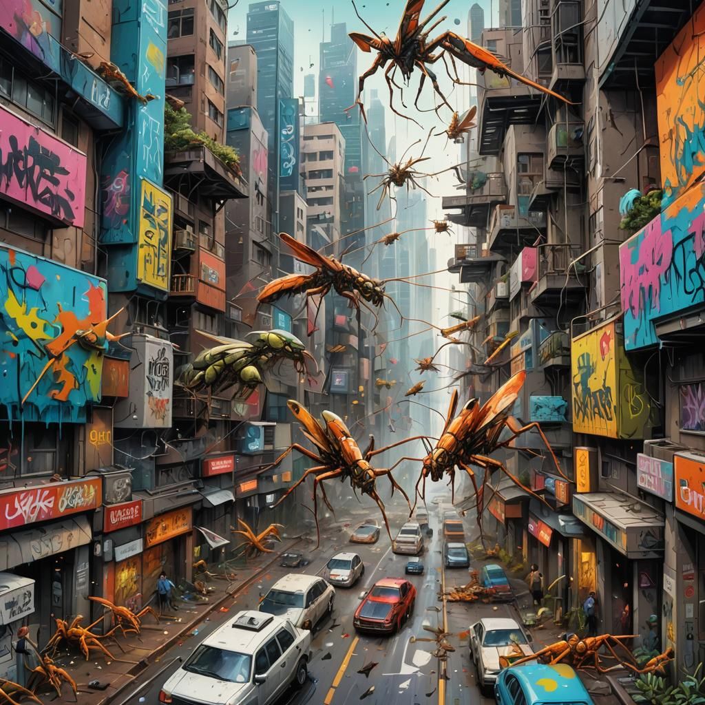 Giant Insect Attack on Futuristic City in Graffiti Style