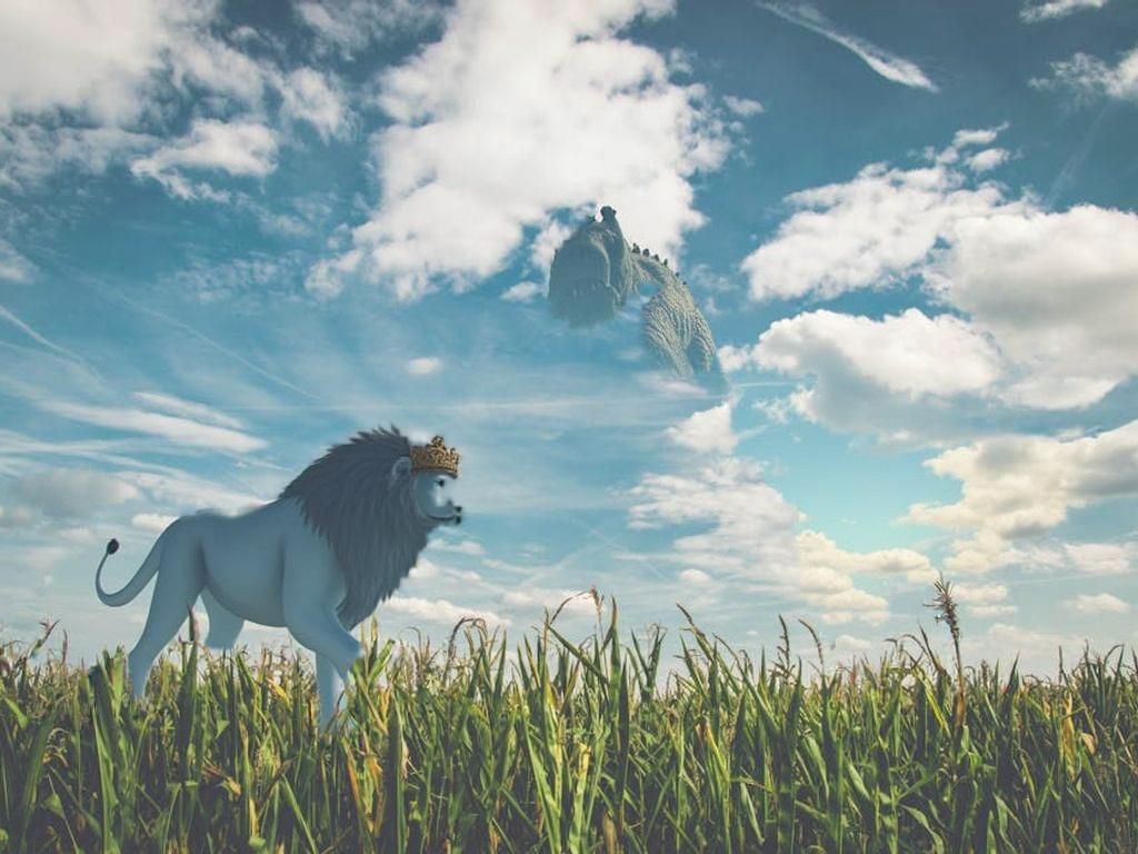 Lion and Dinosaur in Primordial Landscape, Fantasy Art