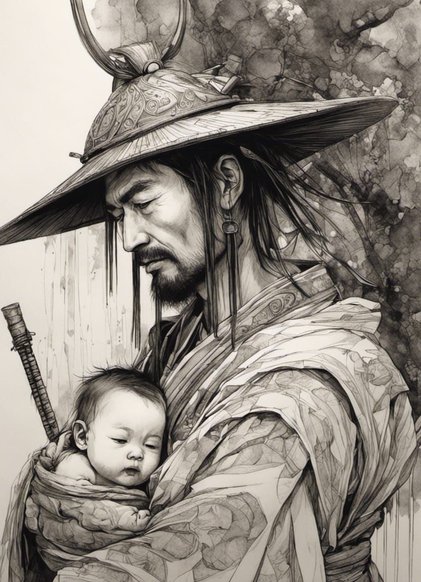Samurai Warrior Cradling Baby, Ink Drawing