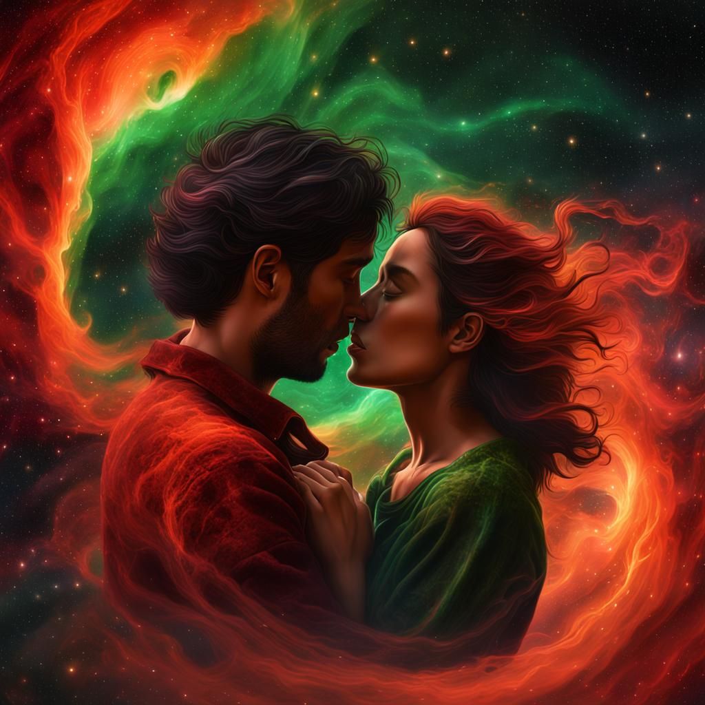 Lovers' Embrace in Fiery Cosmic Dance