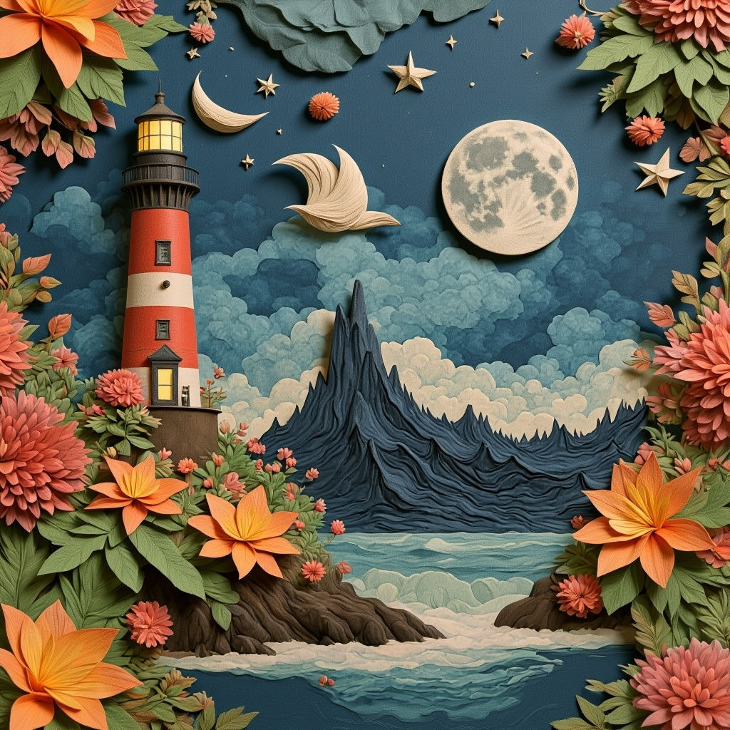 Paper Art Lighthouse in Starry Nebula Night Sky