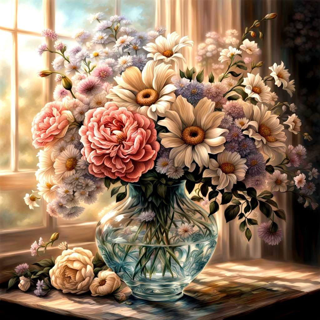 Pastel Cut Flowers in Detailed Ink Drawing