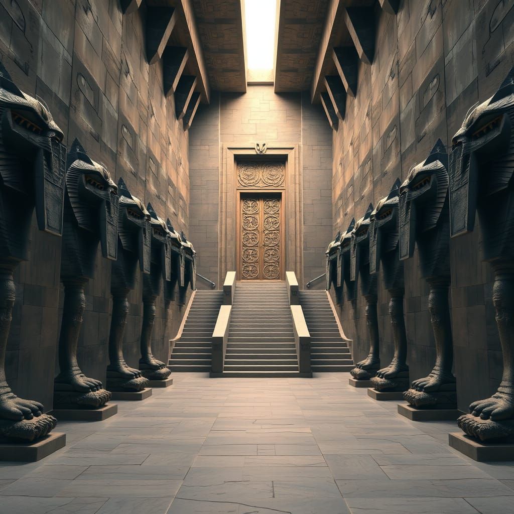 Surreal Stone Hallway with Brutalist-Inspired Statues and Cu...