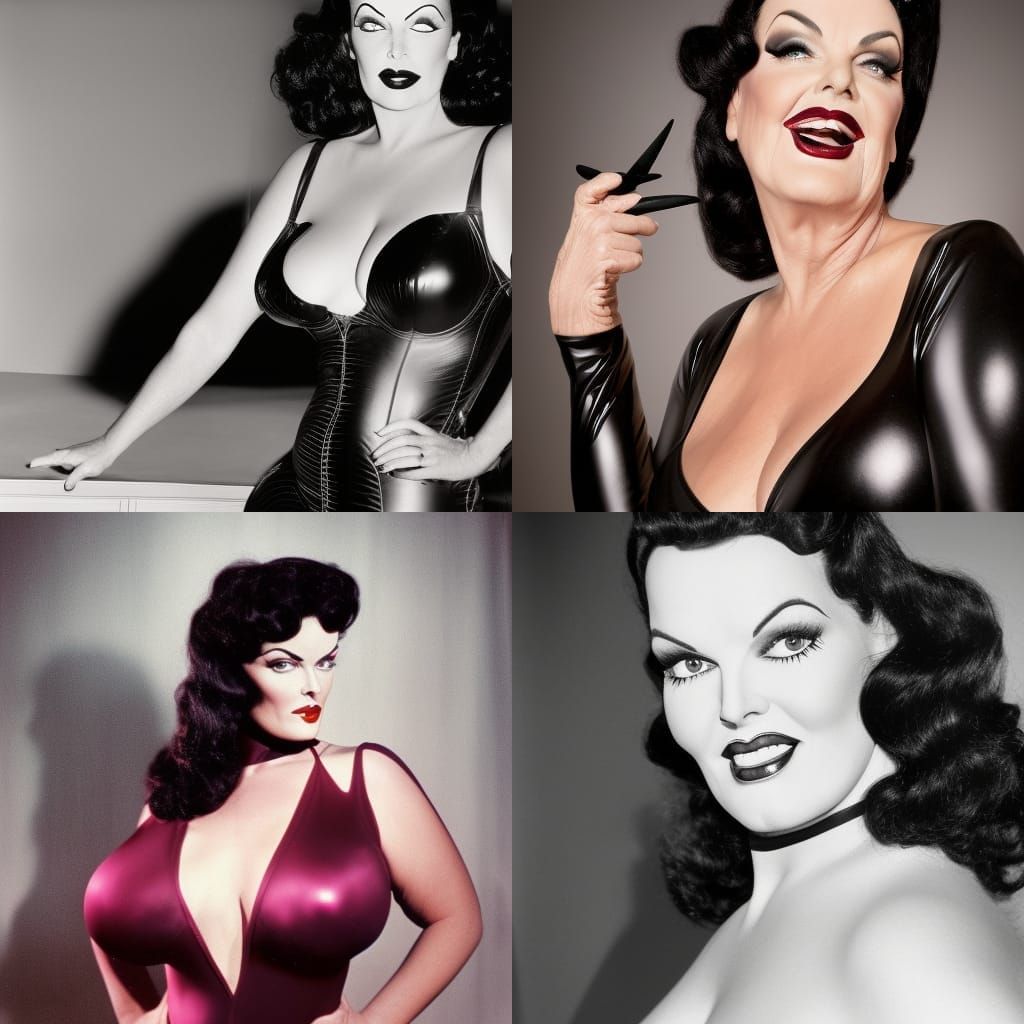 Voluptuous Jane Russell as Morticia in Latex Gown