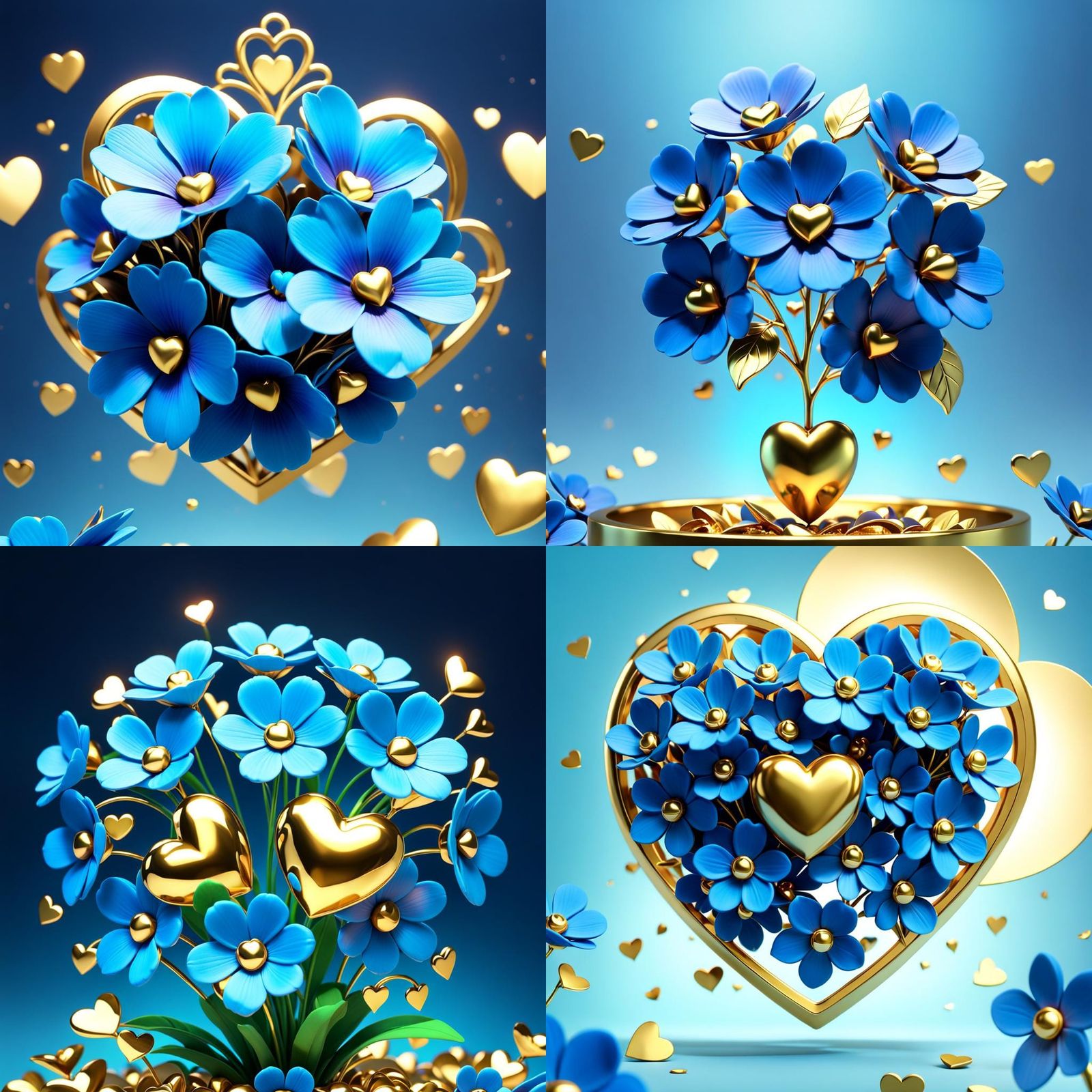 Blue Blossoms and Gold Hearts in 3D Digital Art