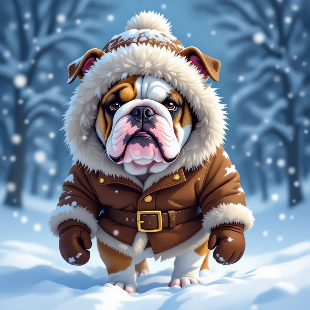 English Bulldog in Snowy Storm with Furry Hat