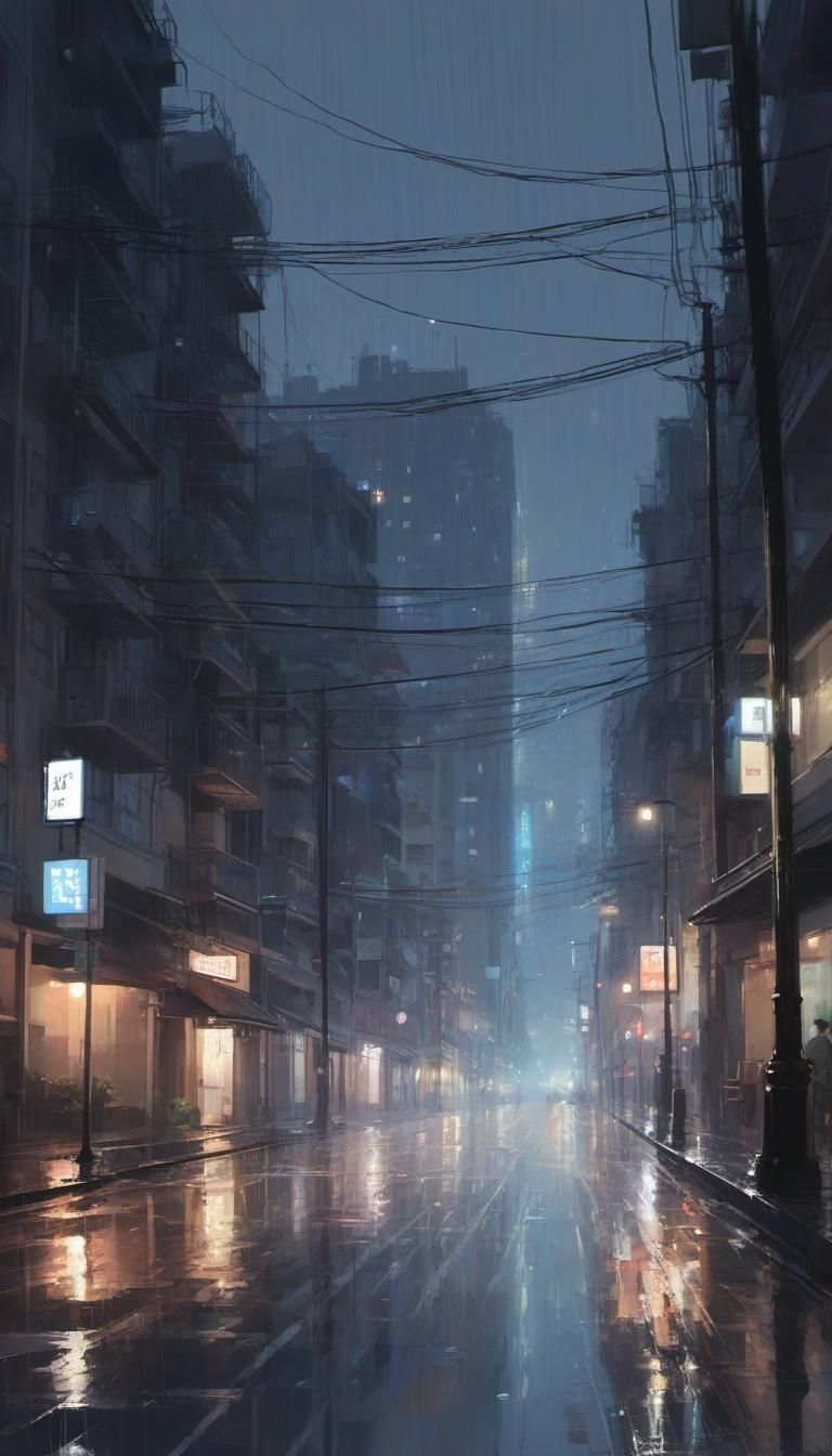 Rainy City Street at Night in Anime Style