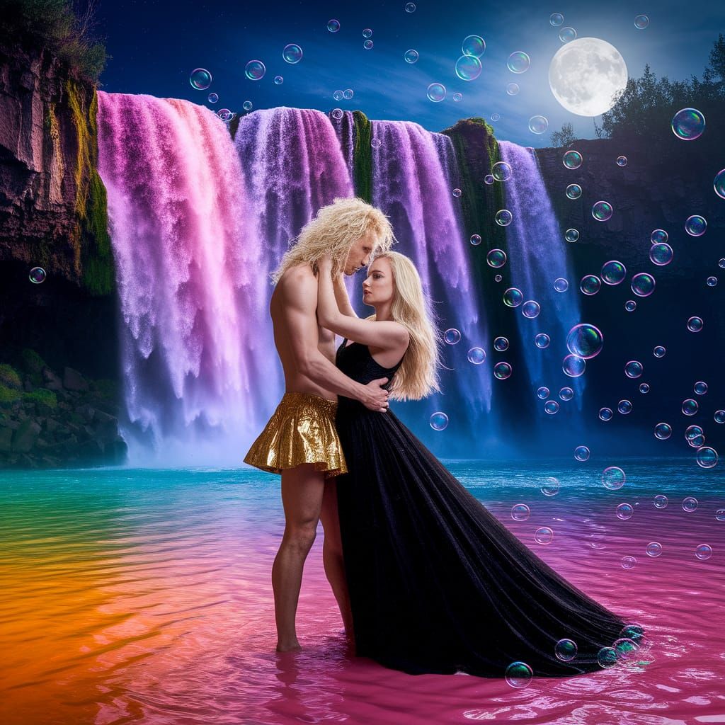 Colorful Waterfall Scene with Bubbles and Embrace