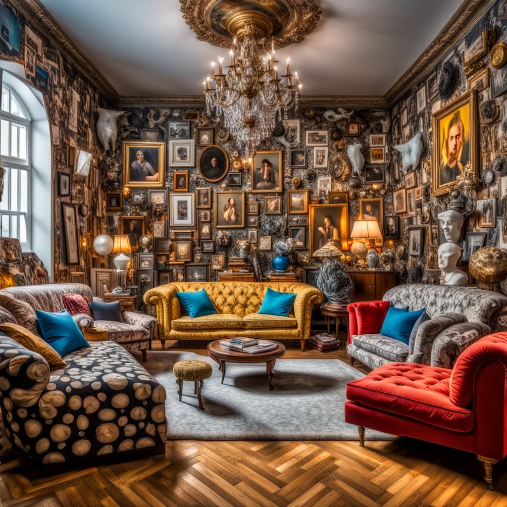 Hyperrealistic Maximalist Living Room in HDR