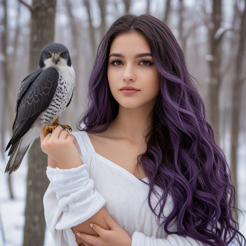 Young Woman with Falcon in Winter Forest