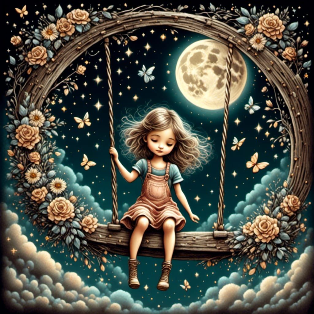 Chalk Art: Girl on Swing Under Crescent Moon