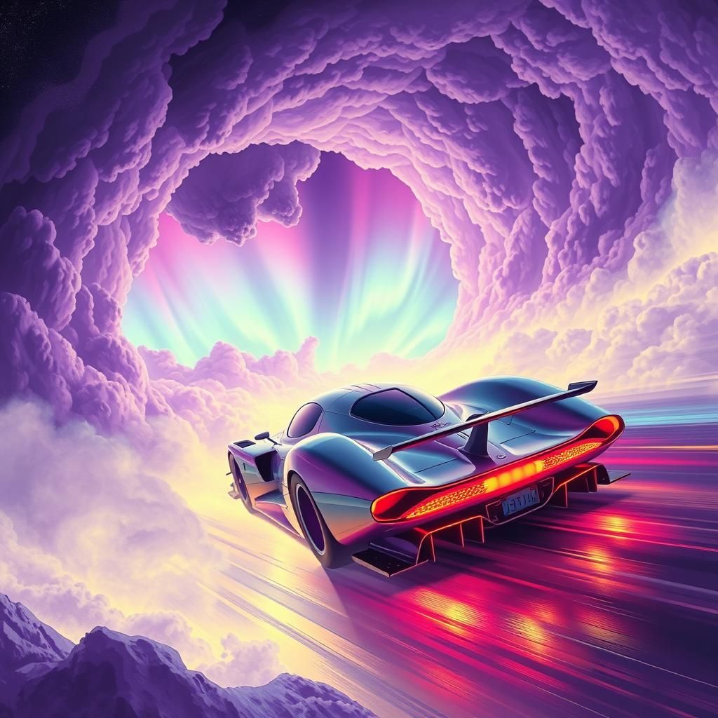 Neon Race Car Speeds Through Wormhole