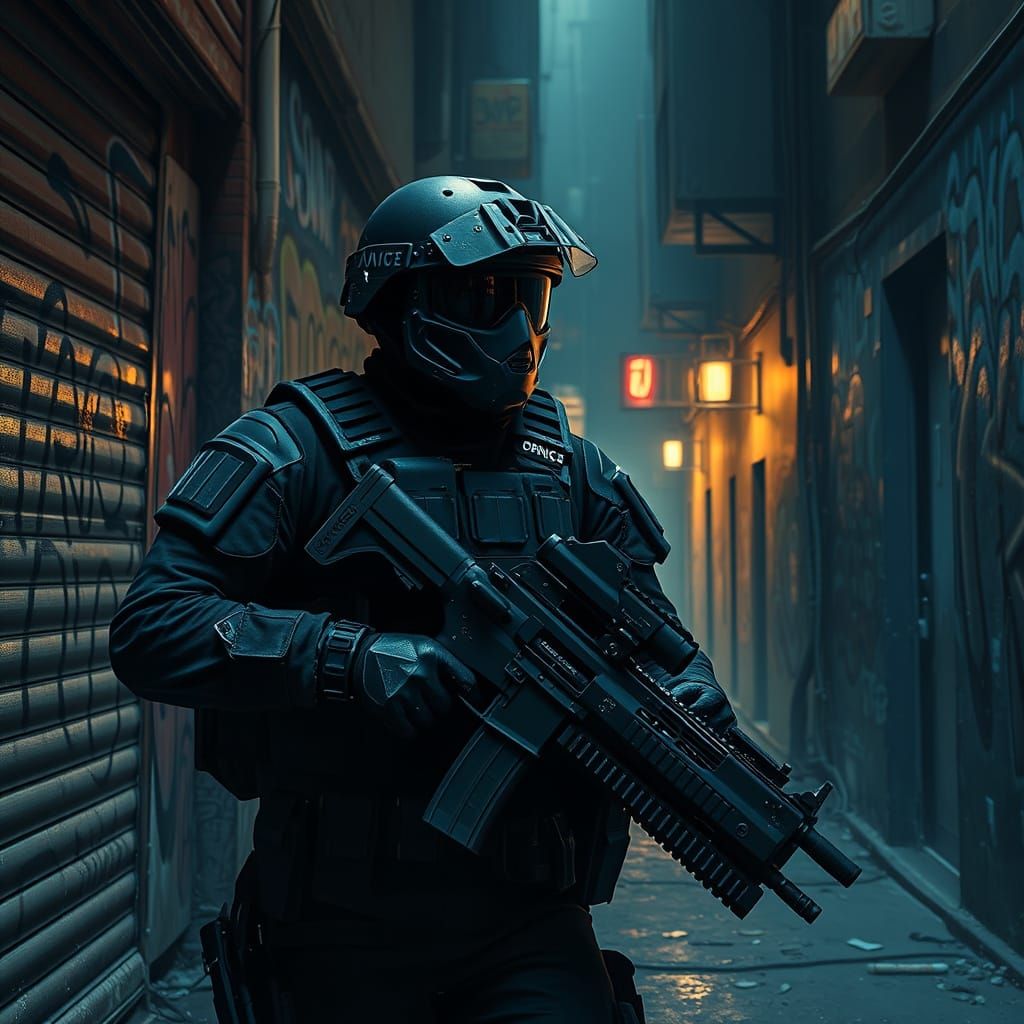 Armored SWAT Officer Patrolling Gritty Dystopian Ghetto
