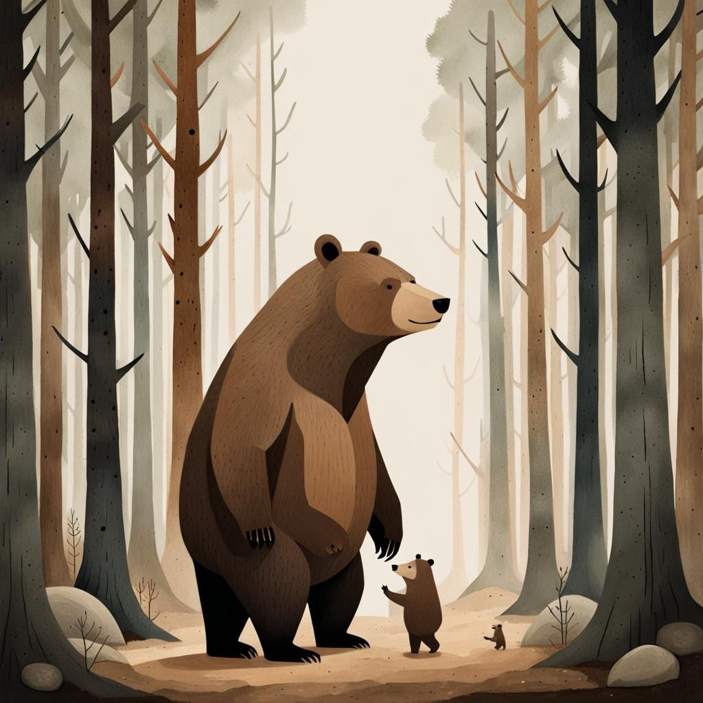 Mother Bear and Child in Forest, Children's Book Style