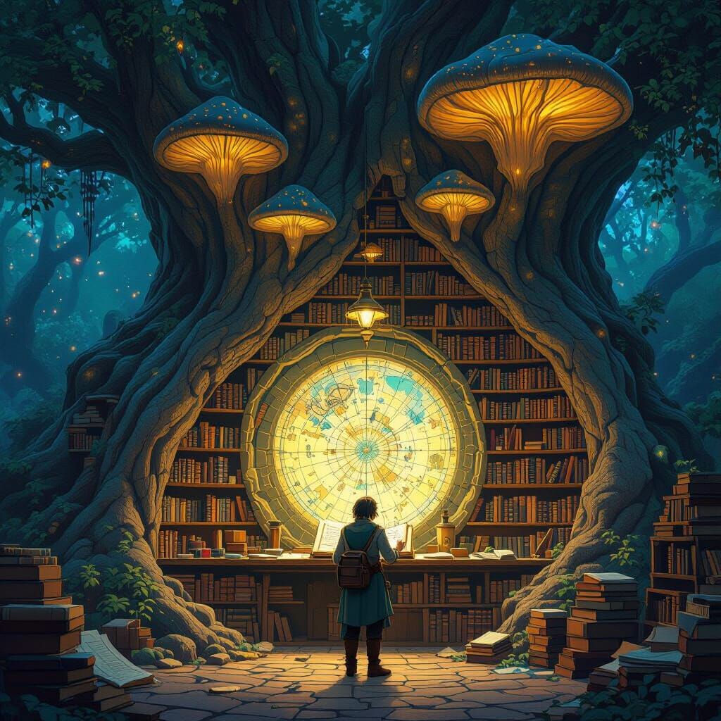 Bioluminescent Petrified Tree Library with Ancient Tomes