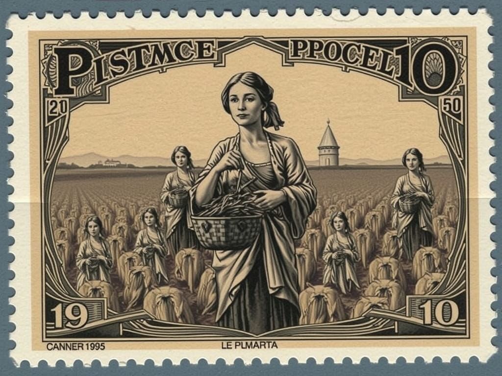 1980 Russian Stamp: Women Harvesting Crops in Monochrome