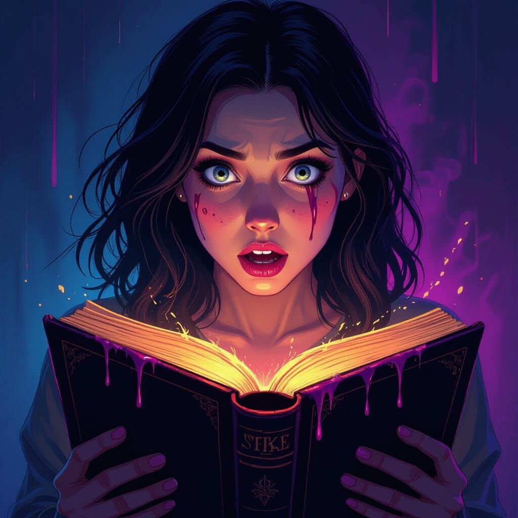 Horrified Sarah and the Glowing Gothic Book