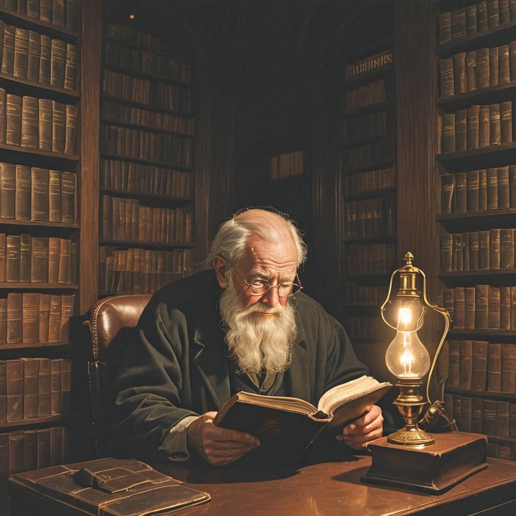 Old Man Reading Bible Under Tiffany Lamp