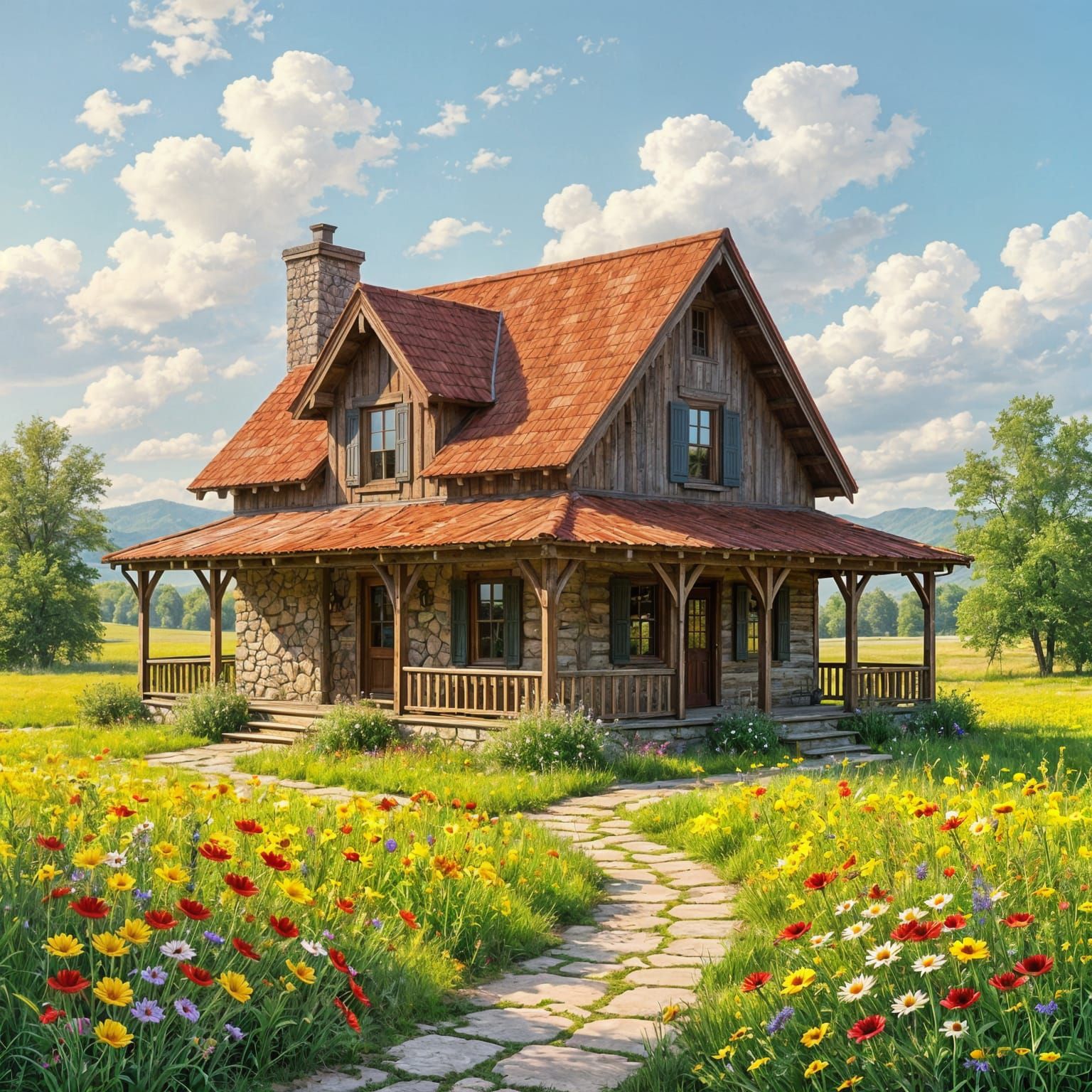 Cozy Farmhouse in Sun-Drenched Meadow, Rustic Painting