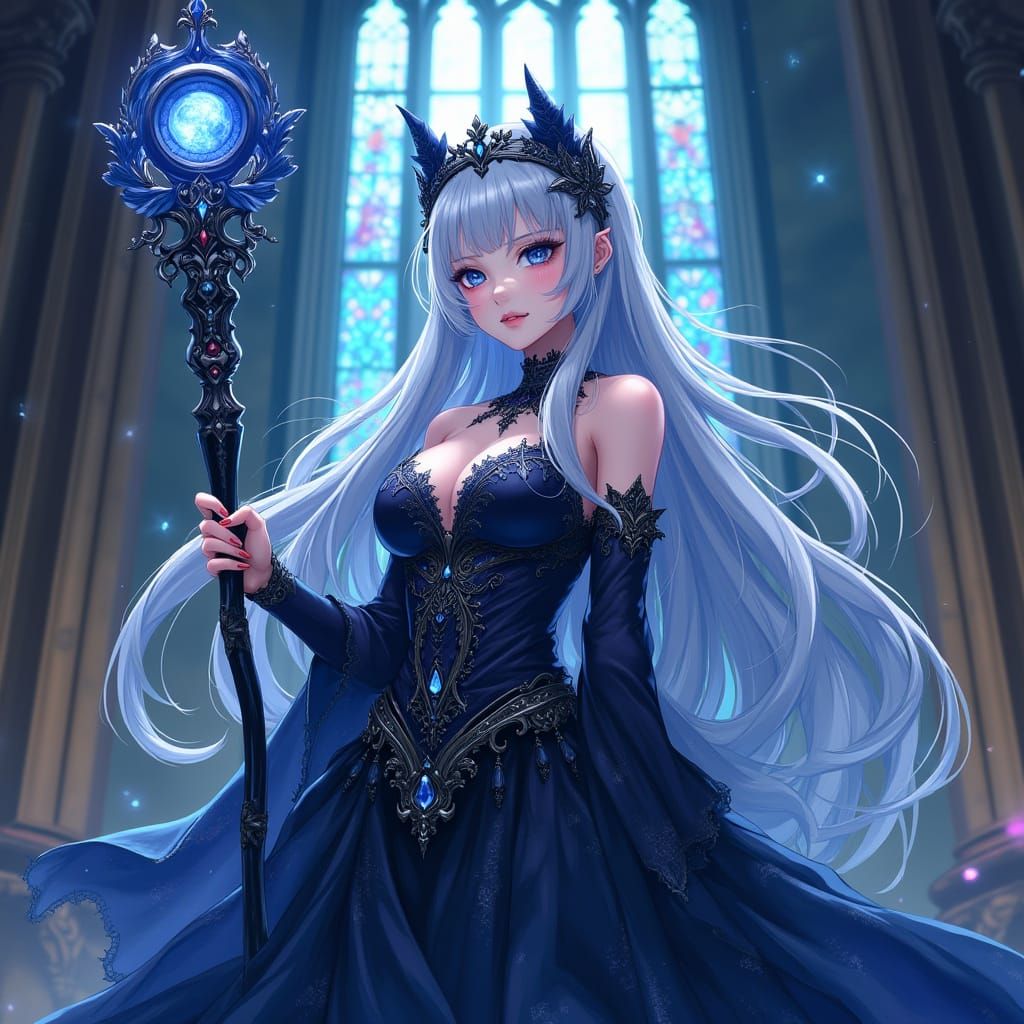 Gothic Anime Sorceress in Moonlit Cathedral