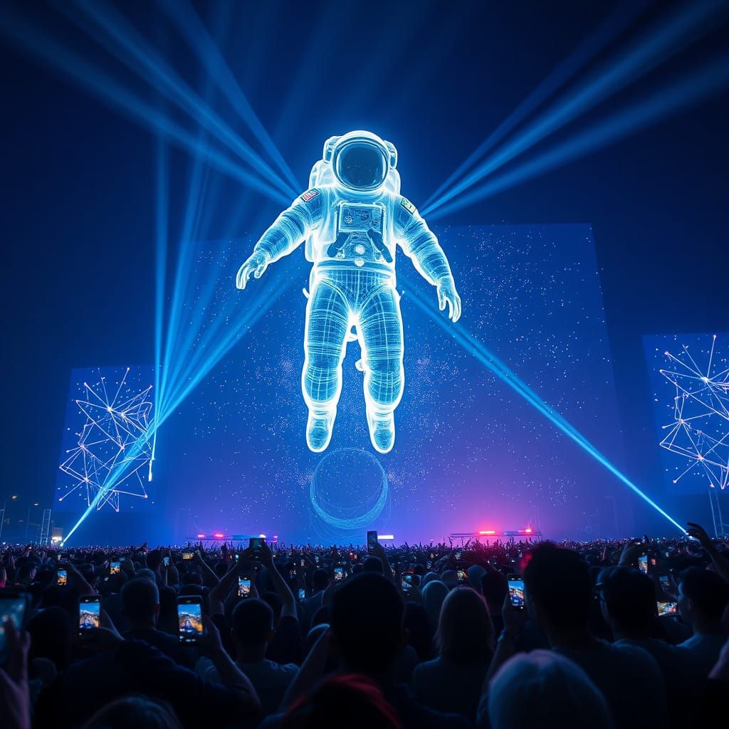 Ethereal Holographic Astronaut Soars Above a Nighttime Conce...