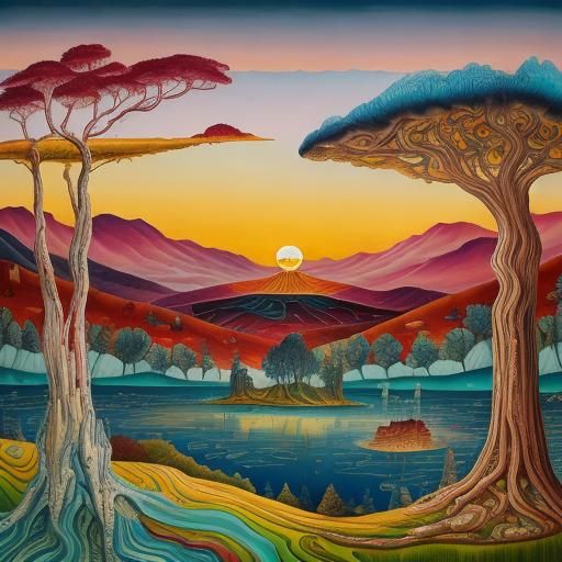 Whimsical Landscape with Sunrise, Intricate Alcohol Ink Art