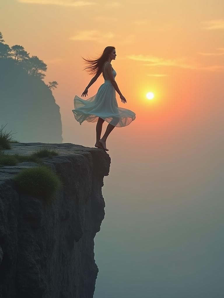 Cliffside Balance: Surreal Futuristic Landscape at Sunset