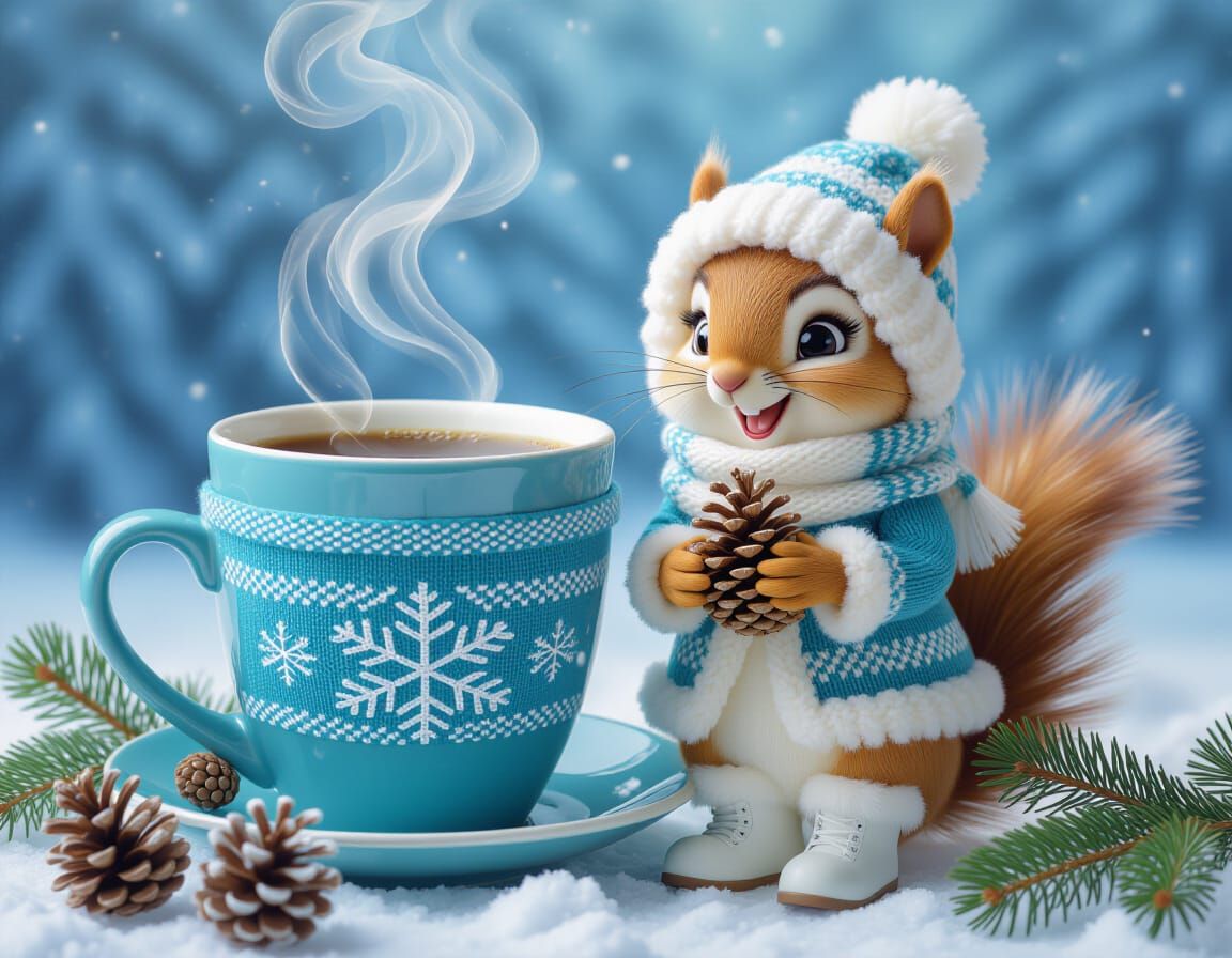 Winter Forest Coffee Scene with Singing Squirrel