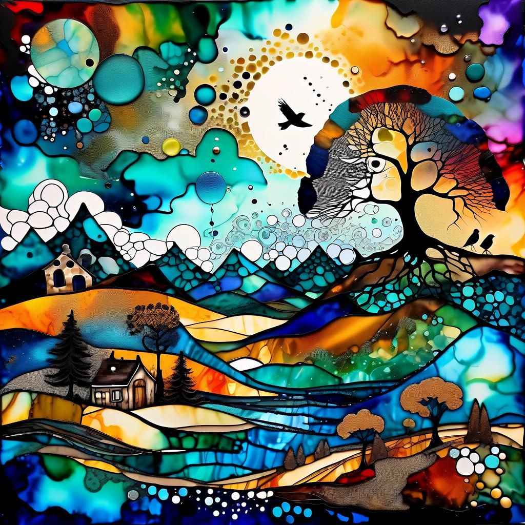 Cosmic River Town in Mixed Media Style