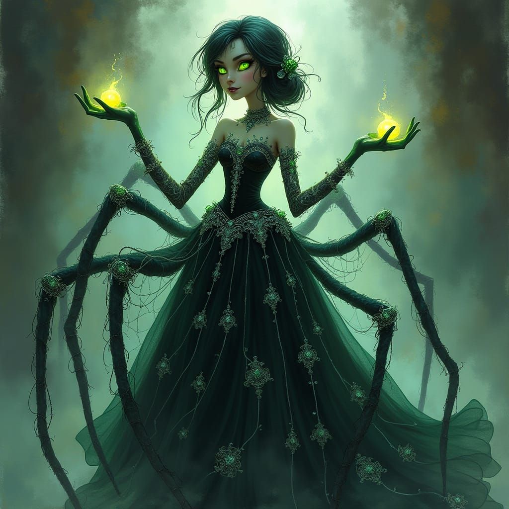 Elegant Spider-Girl in Smoky Mist with Emerald Eyes
