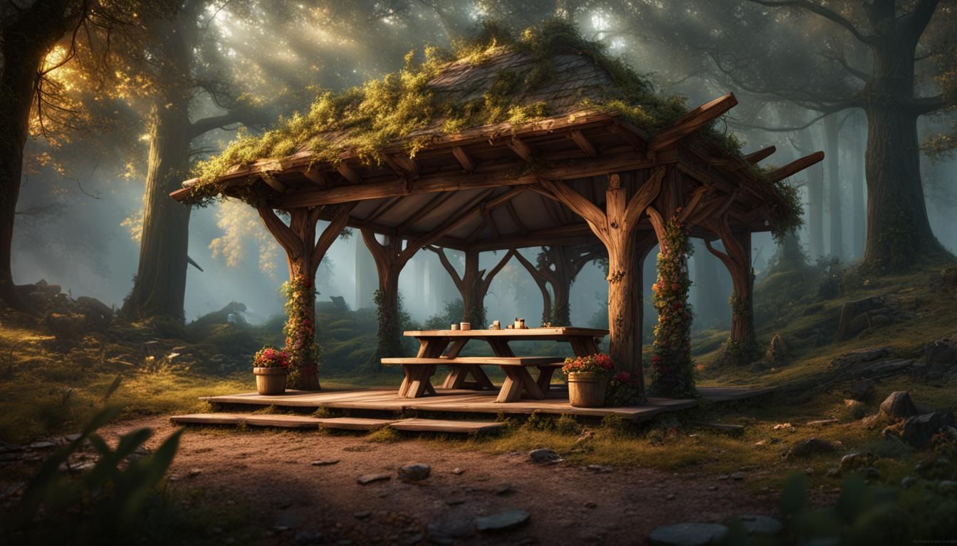 Rustic Picnic Shelter in the Woods: Detailed Matte Painting