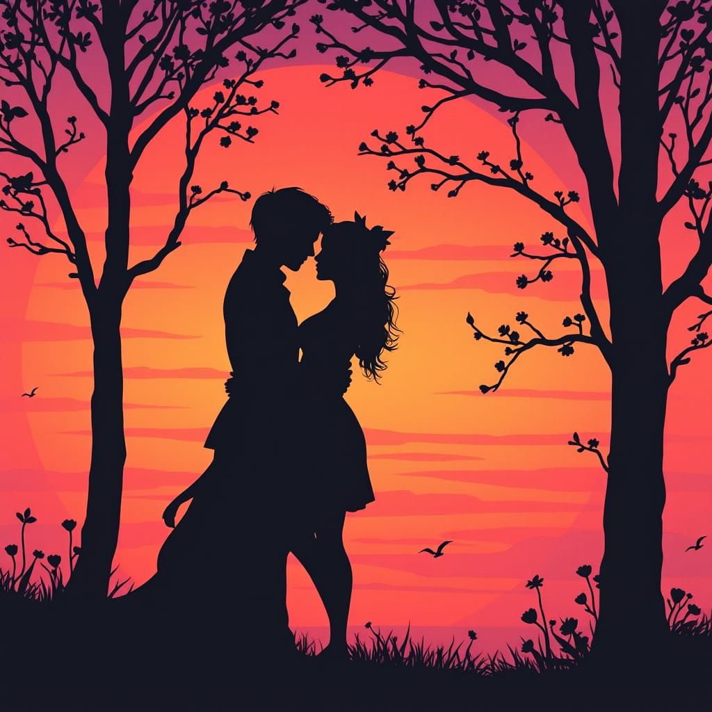 Romantic Couple Silhouetted Against Vibrant Sunset Sky