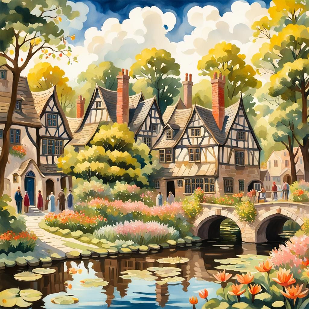 Gothic Cottagecore Village in Impressionist Gouache Style