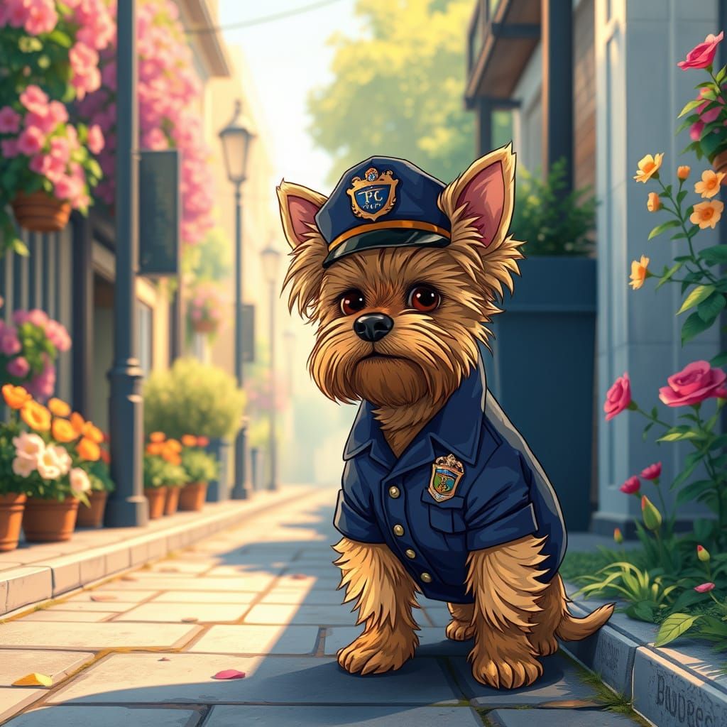 Yorkshire Terrier in Policeman Outfit, Whimsical Anime Style