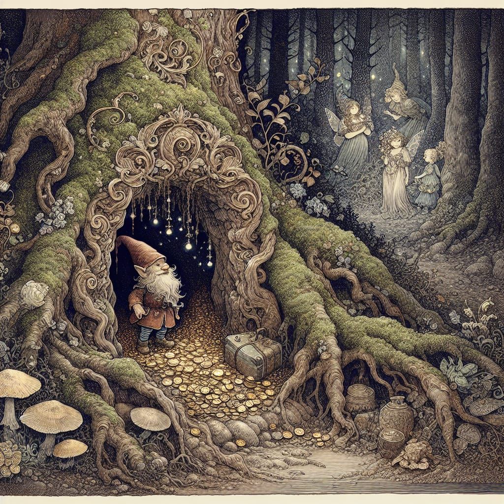 Gnome Guarding Treasure in Enchanted Forest